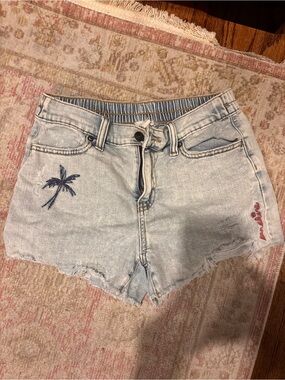 aerie Light Wash Denim Shorts with Navy Palm Embroidery